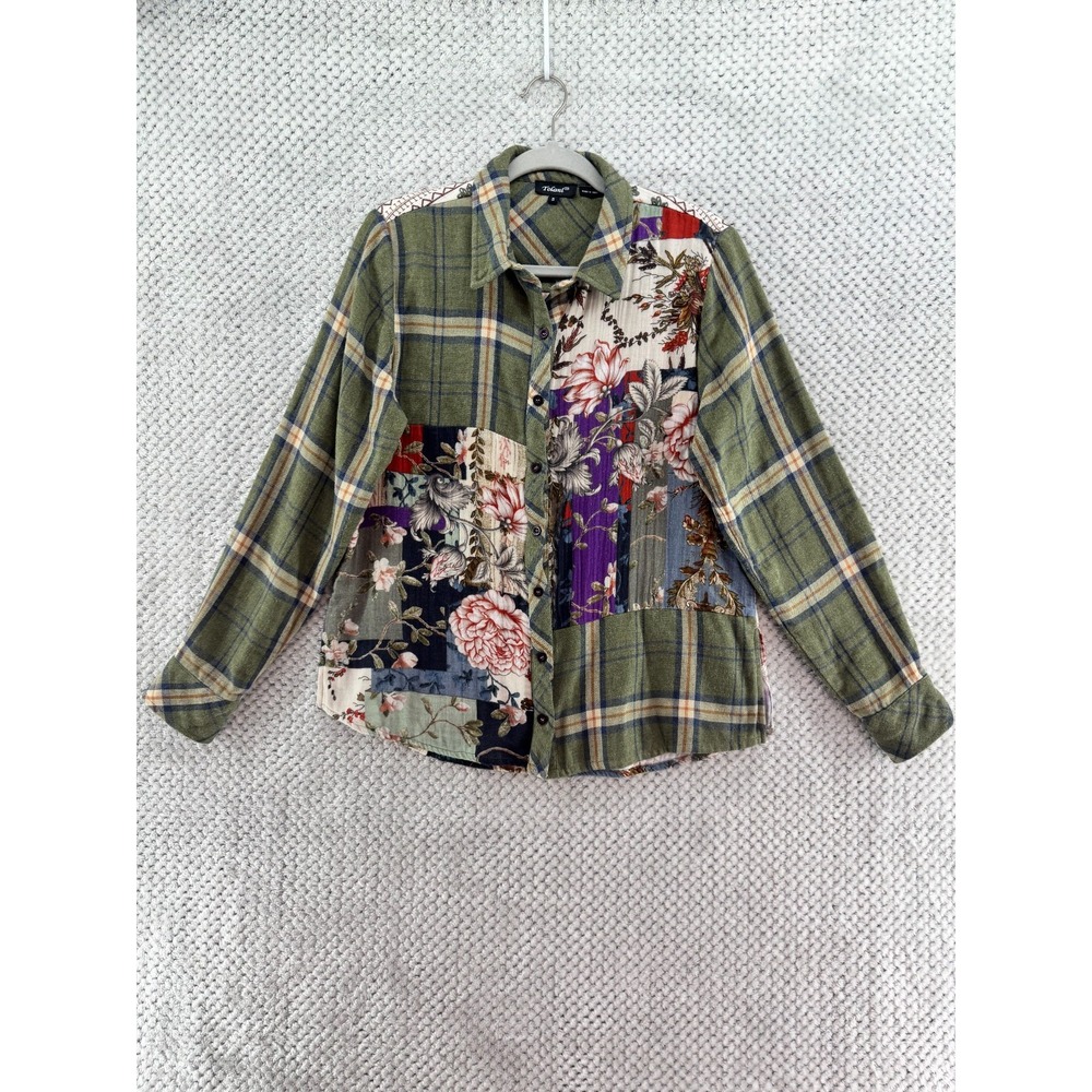 Tolani Mixmedia Patchwork Plaid Flannel Shirt Womens S Green Floral Bohemian